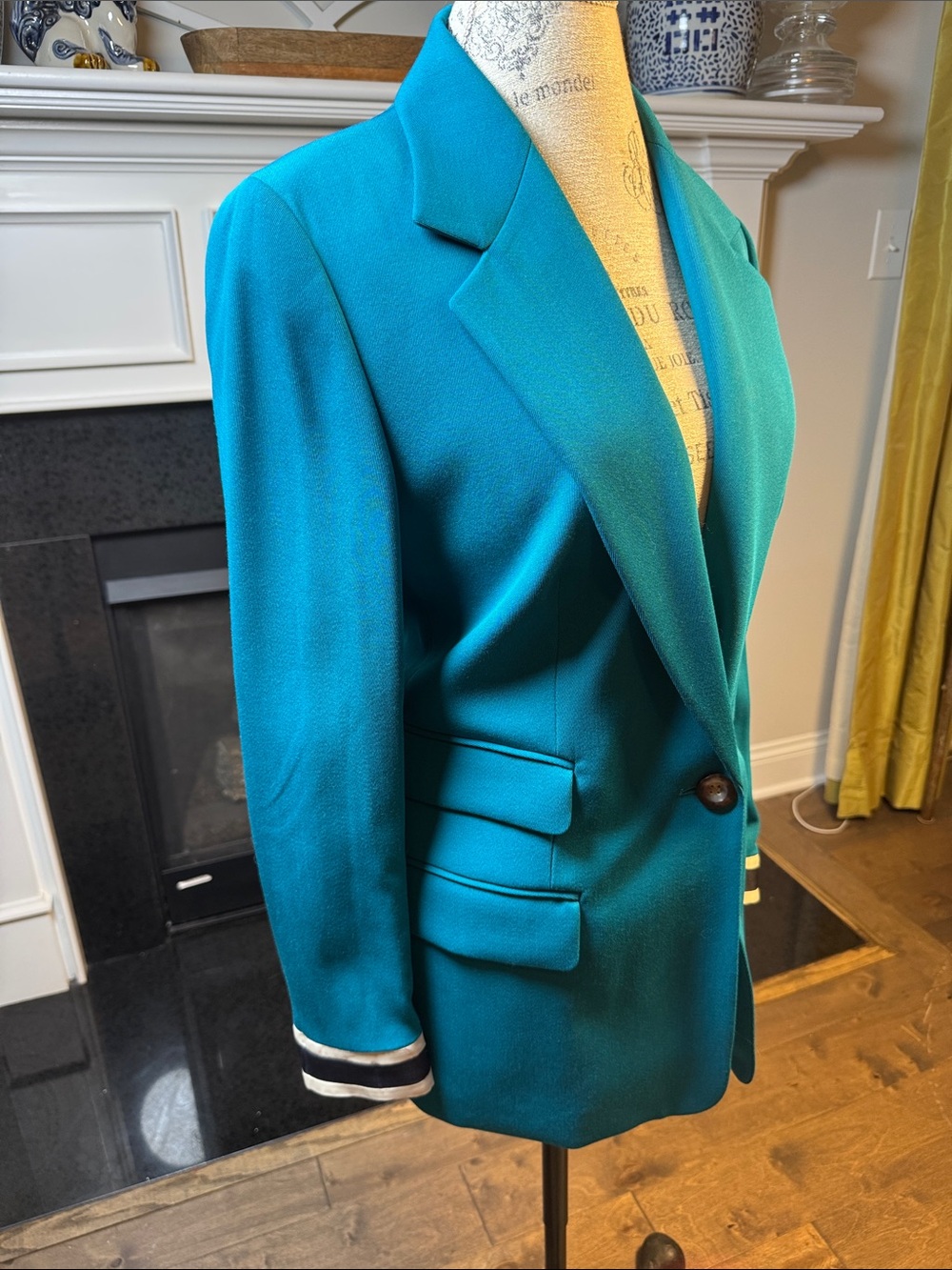 Escada Teal Jacket with striped cuffs & Ivory Lining 44 like a size 12
